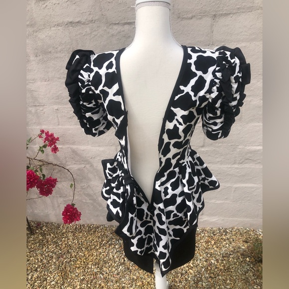 Vintage Peplum ruffle and bow low back cow print peplum dress puff sleeve - Picture 12 of 16